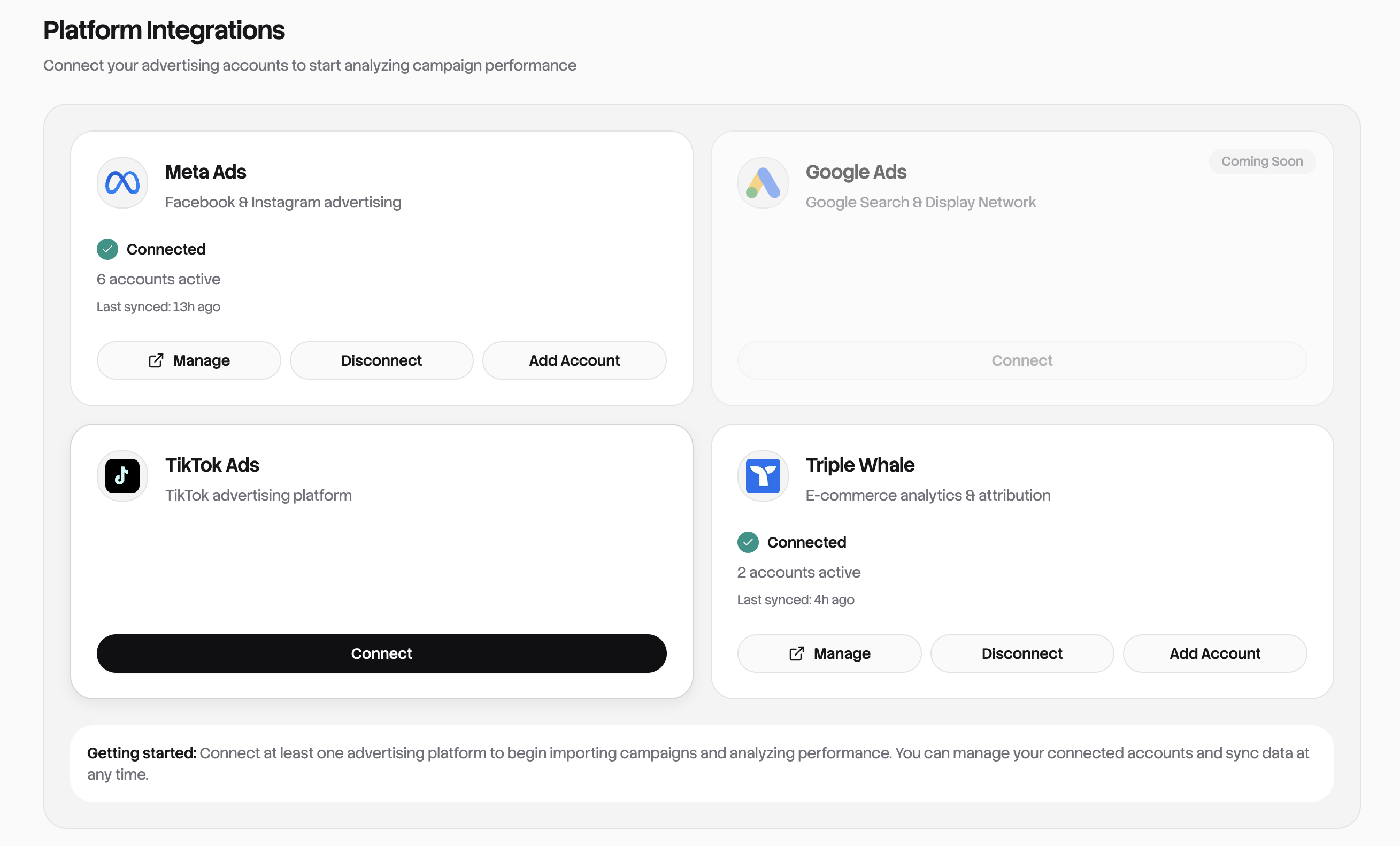 Integrations page showing platform cards