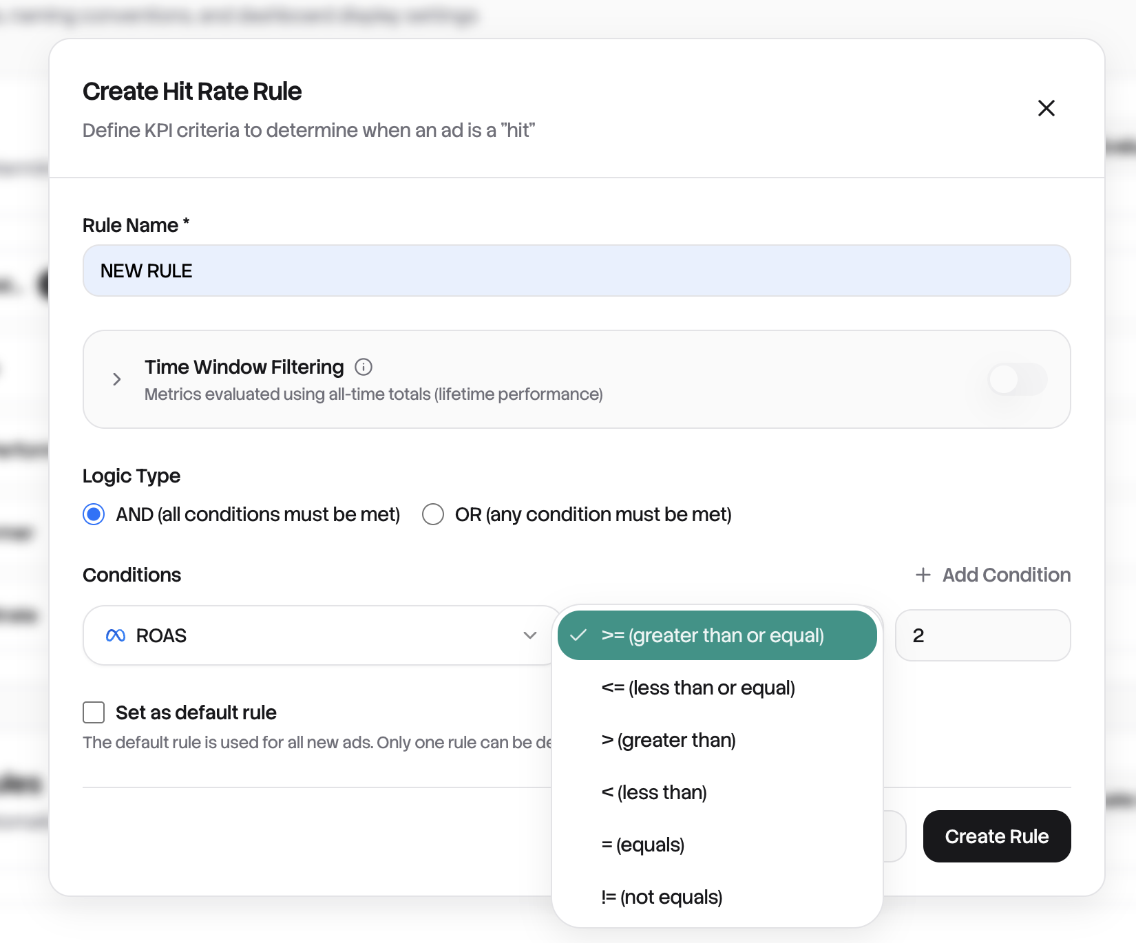 Create Hit Rate Rule dialog