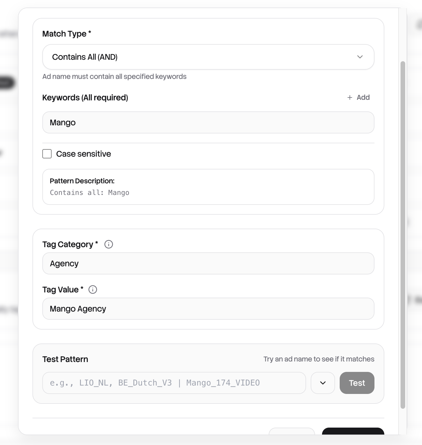Create Keyword Tag Rule dialog
